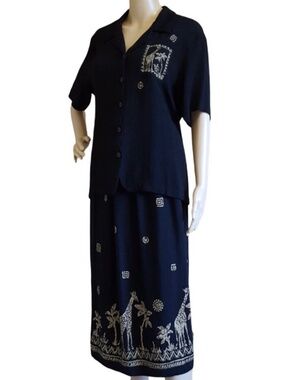 Alfred Dunner 2 pc Midi Skirt Set Women's 12 Black Safari Giraffe Palm Tree USA